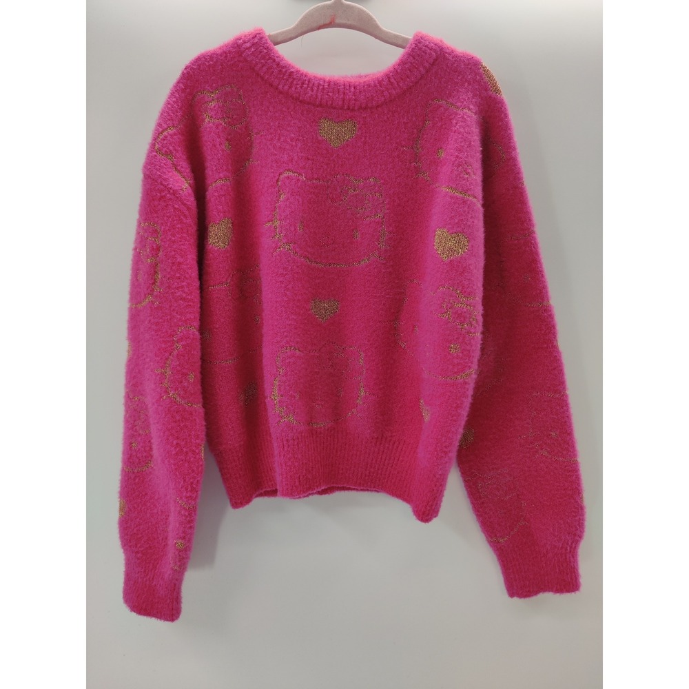 Hello Kitty Sanrio Girls Pink Gold Metallic Fuzzy Knit Sweater Size S 6 6X